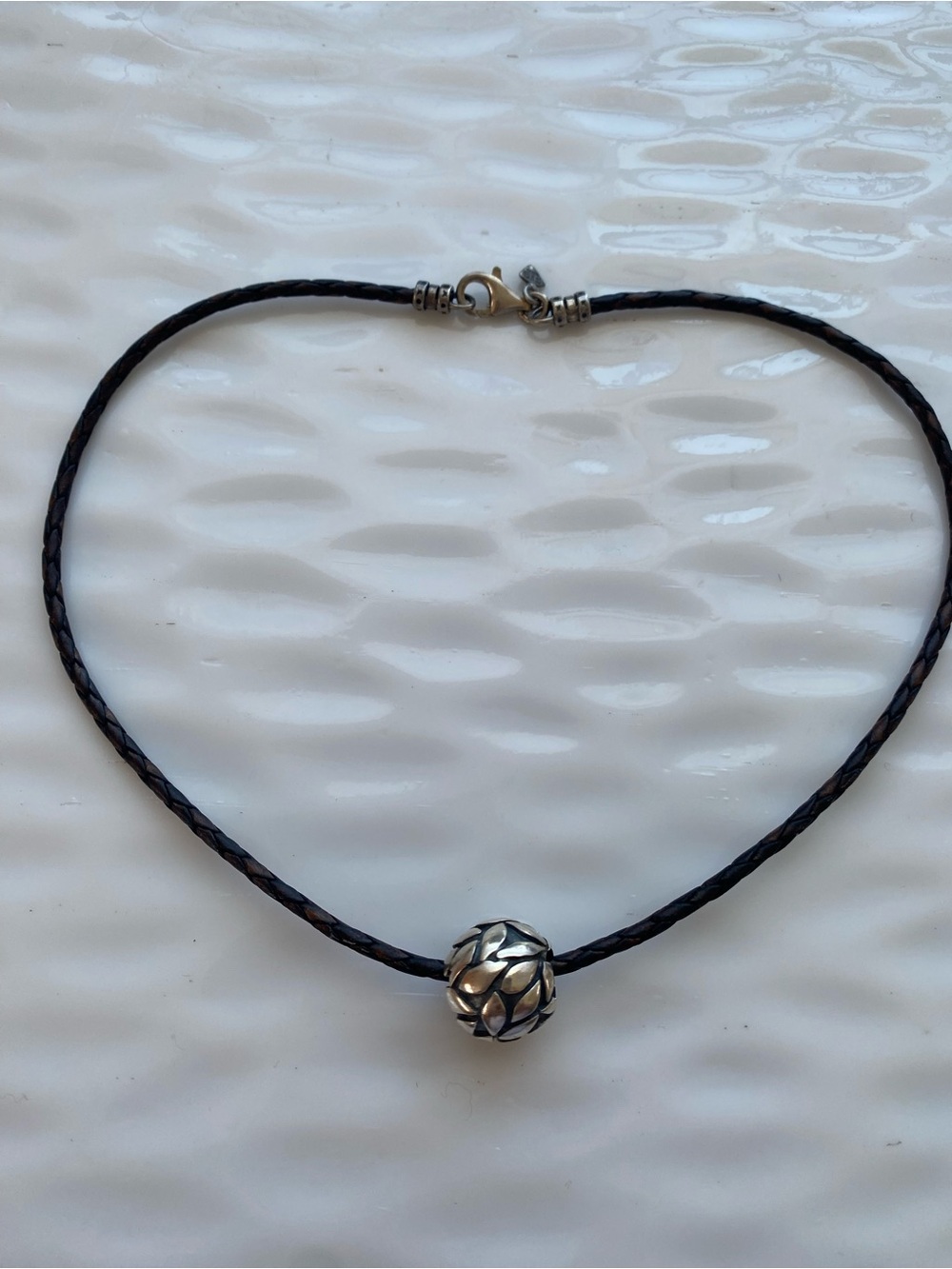 Sterling Silver Filigree Bead on Brown  Braided Cord Necklace - Picture 2 of 9